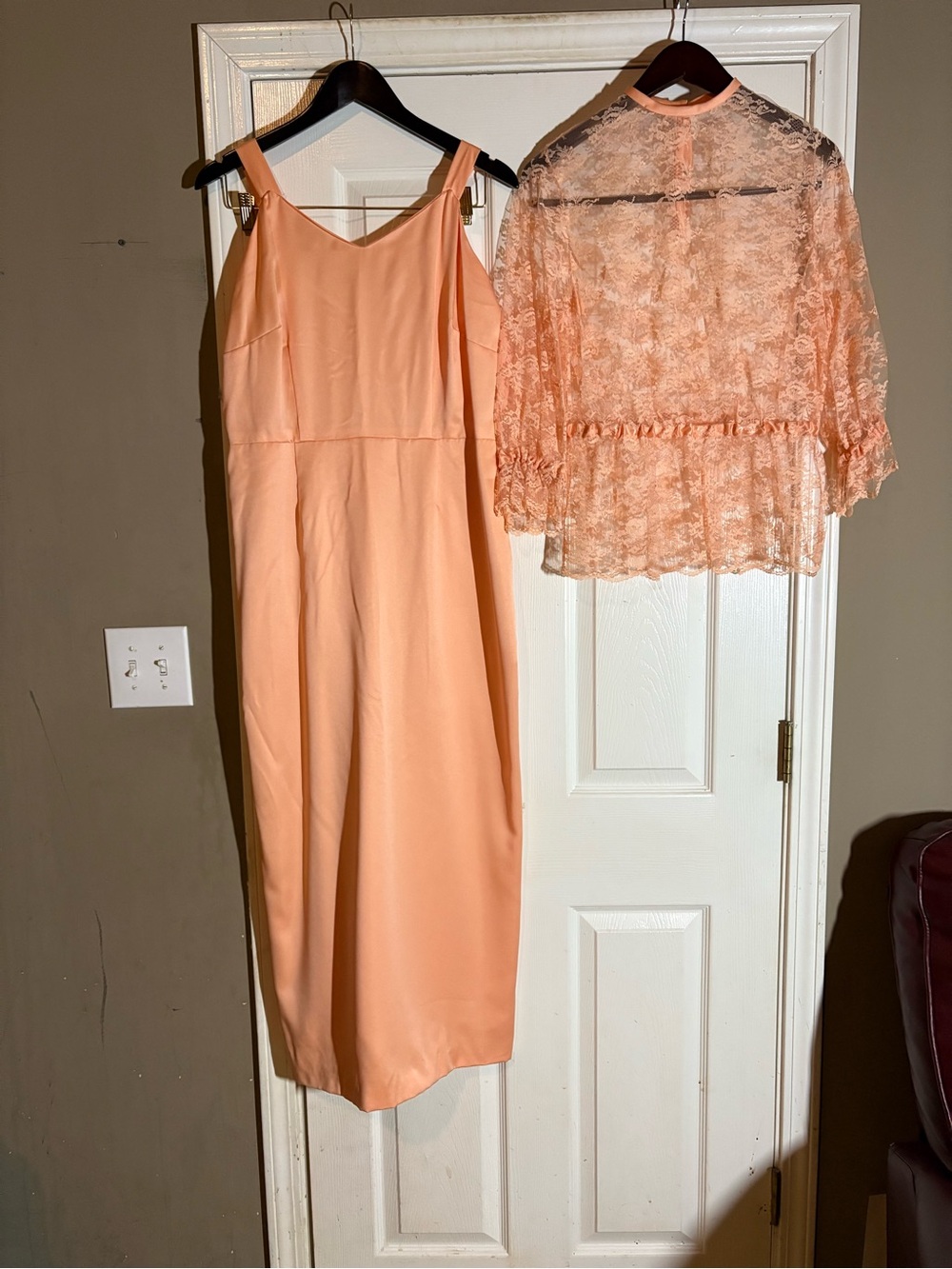 Peach Satin Slip Dress with Lace Robe - Women's Intimates